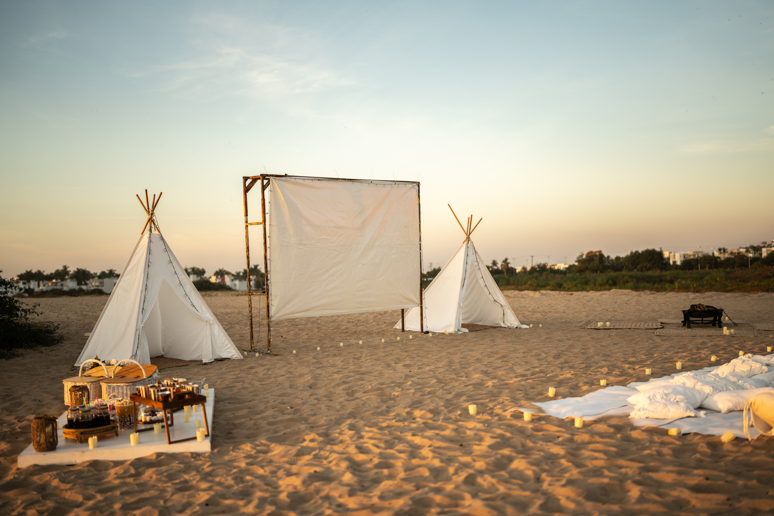 Outdoors cinema set-up on the beach